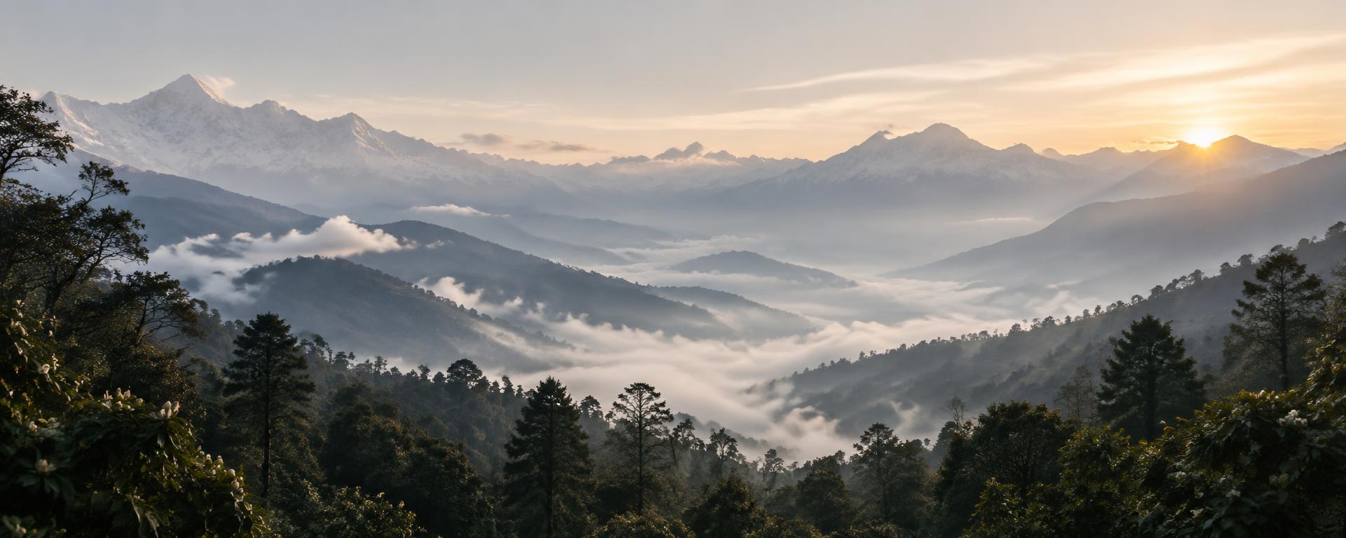 Himalayan mountain ridges above morning clouds
